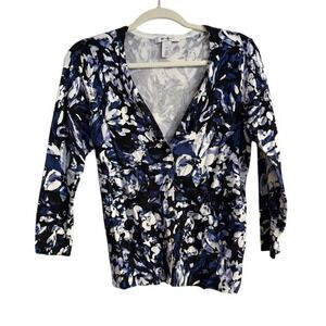 WHBM Floral Print Cardigan Navy Blue White Black 3/4 Sleeve V-Neck Women's M